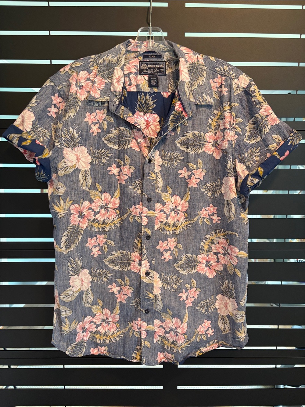 American Rag Navy Blue Floral Short Rolled Sleeve Button-Down Shirt
